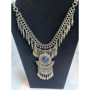 Silver Bohemian Statement Necklace Blue Lapis Lazuli Pendant Tribal Bib Womens